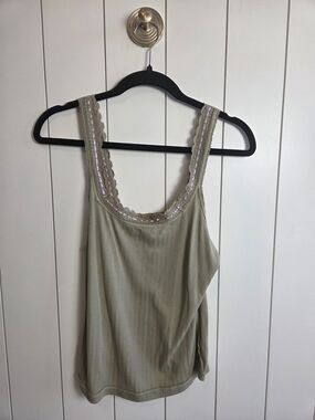 Free People Ribbed Lace Trim Tank Top - Olive Green